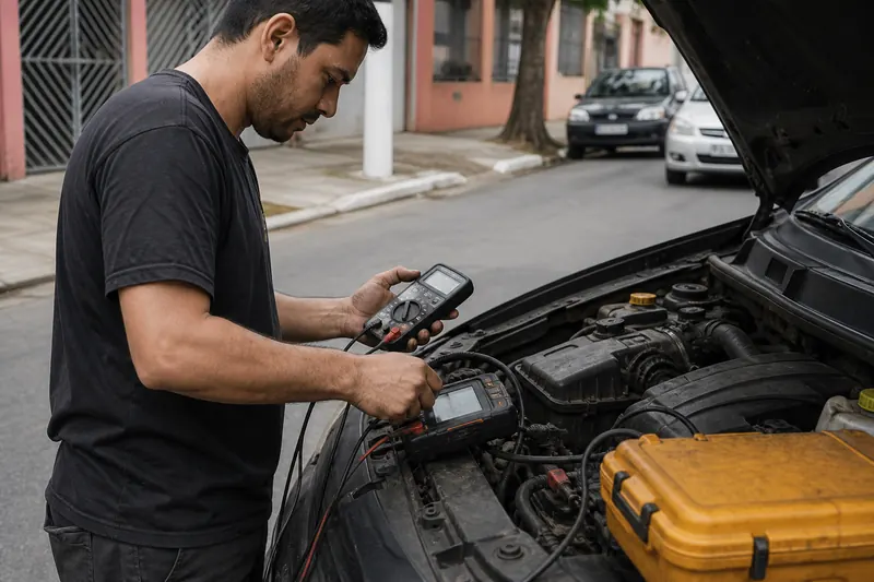 Técnico realizando diagnóstico elétrico automotivo com multímetro