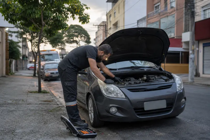 Socorro mecânico avaliando um veículo estacionado com segurança